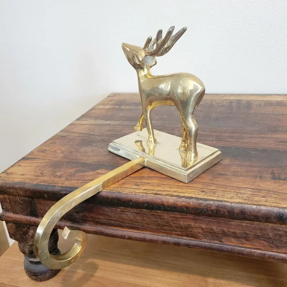 Vintage Brass Reindeer Stocking Hanger Long Arm Heavy Mantel Hook Stag 5.75